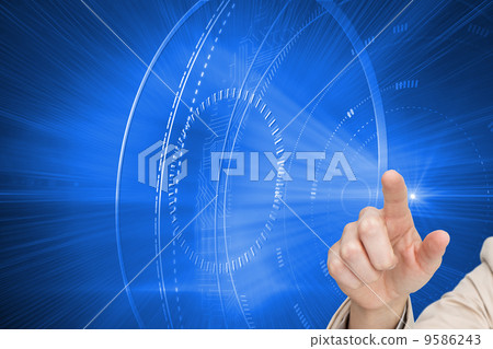 Composite image of businesswoman touching invisible screen 9586243
