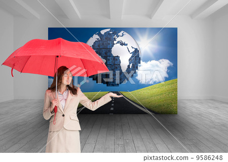 Composite image of attractive businesswoman holding red umbrella Composite image of attractive businesswoman holding red umbrella 9586248
