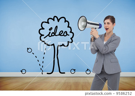 Composite image of businesswoman with loudspeaker Composite image of businesswoman with loudspeaker 9586252