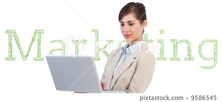 Composite image of confident businesswoman holding laptop Composite image of confident businesswoman holding laptop 9586545