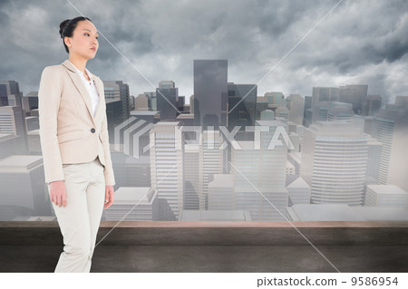 Composite image of unsmiling asian businesswoman walking 9586954