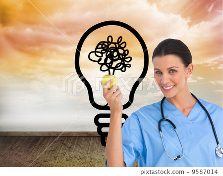 Composite image of happy surgeon holding an apple and smiling at 9587014