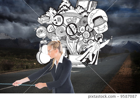 Composite image of businesswoman pulling a rope 9587087
