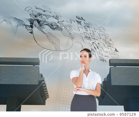 Composite image of pensive elegant businesswoman posing 9587129