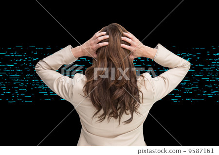 Composite image of young classy businesswoman with hands on head 9587161