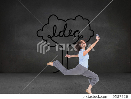 Composite image of happy classy businesswoman jumping while hold Composite image of happy classy businesswoman jumping while hold 9587226