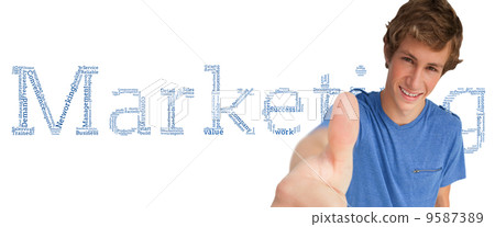 Composite image of fisheye view of a male student the thumb-up Composite image of fisheye view of a male student the thumb-up 9587389
