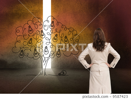 Composite image of businesswoman standing back to camera Composite image of businesswoman standing back to camera 9587423