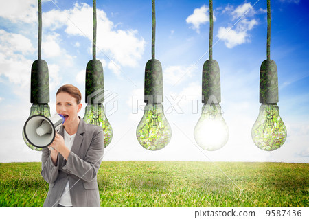 Composite image of businesswoman talking on a megaphone Composite image of businesswoman talking on a megaphone 9587436