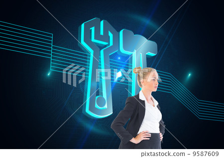 Composite image of businesswoman standing with hands on hips Composite image of businesswoman standing with hands on hips 9587609