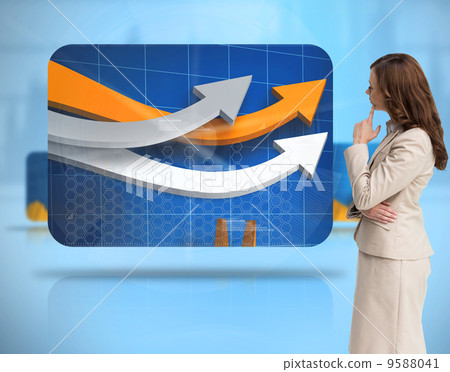 Composite image of profile view of doubtful businesswoman standi 9588041