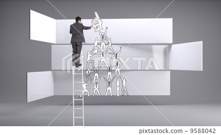 Composite image of businessman standing on ladder 9588042