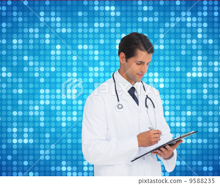 Composite image of smiling doctor holding pen and clipboard 9588235