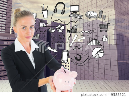 Composite image of businesswoman holding piggy bank Composite image of businesswoman holding piggy bank 9588321