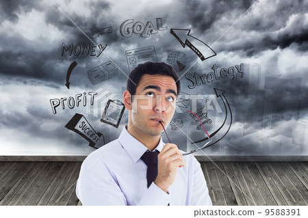 Composite image of thinking businessman holding glasses 9588391