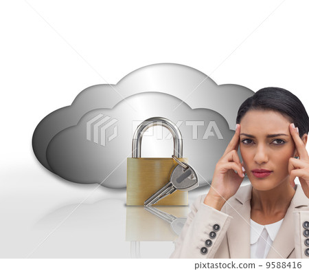 Composite image of young businesswoman putting her fingers on he 9588416