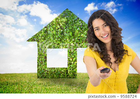 Composite image of smiling curly haired pretty woman changing ch Composite image of smiling curly haired pretty woman changing ch 9588724