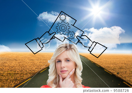 Composite image of teenager standing upright thoughtfully with h 9588726