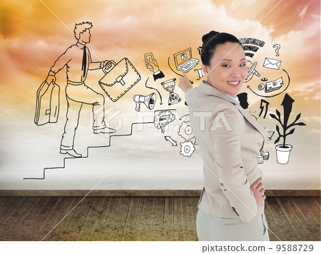 Composite image of smiling asian businesswoman pointing Composite image of smiling asian businesswoman pointing 9588729