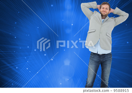 Composite image of suave man in a blazer with hands behind head Composite image of suave man in a blazer with hands behind head 9588915