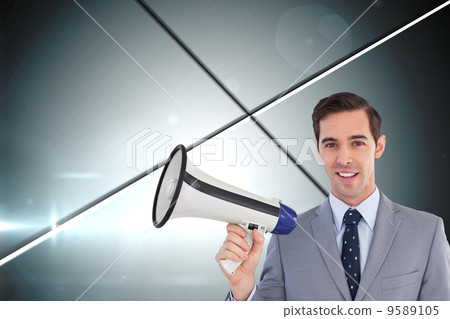 Composite image of smiling businessman holding a megaphone Composite image of smiling businessman holding a megaphone 9589105