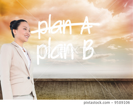 Composite image of smiling asian businesswoman walking 9589106