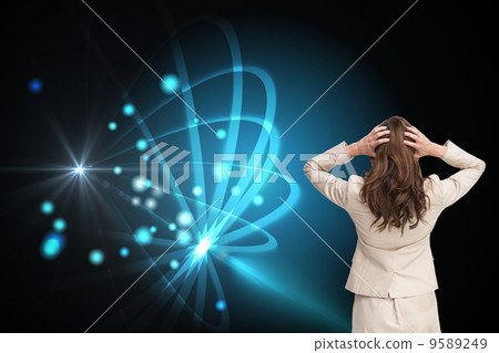 Composite image of businesswoman with hands on head standing bac Composite image of businesswoman with hands on head standing bac 9589249