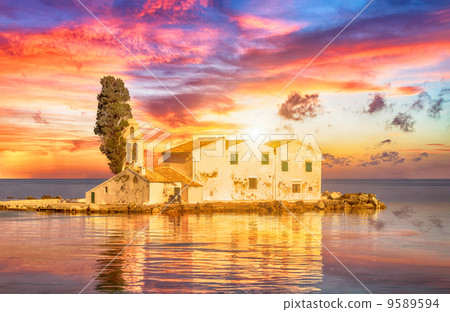 Sunset scene of Vlacherna monastery, Kanoni, Corfu 9589594