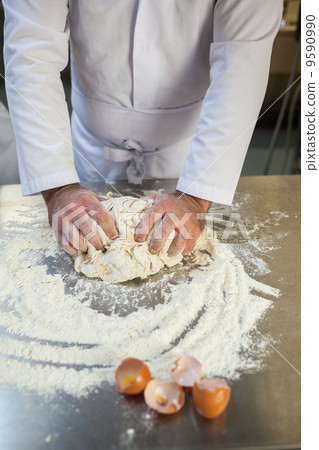 Close up of baker kneading dough 9590990
