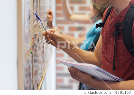Casual students searching something on notice board 9591103