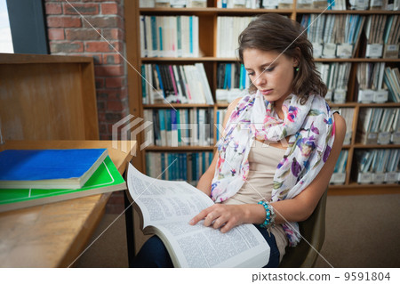 Female student reading a book in the library Female student reading a book in the library 9591804