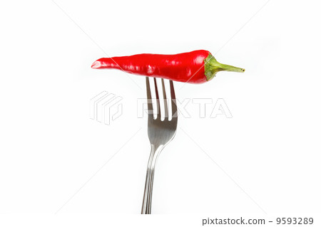 Red hot chili pepper pricked on the steel fork isolated 9593289