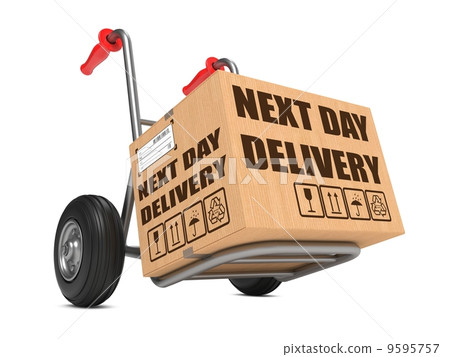 Next Day Delivery - Cardboard Box on Hand Truck. Next Day Delivery - Cardboard Box on Hand Truck. 9595757