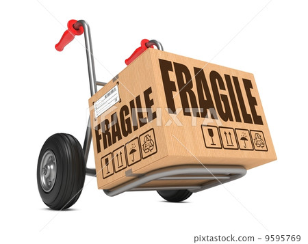 Fragile - Cardboard Box on Hand Truck. 9595769