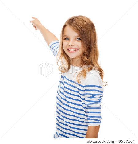 smiling girl pointing at virtual screen 9597104