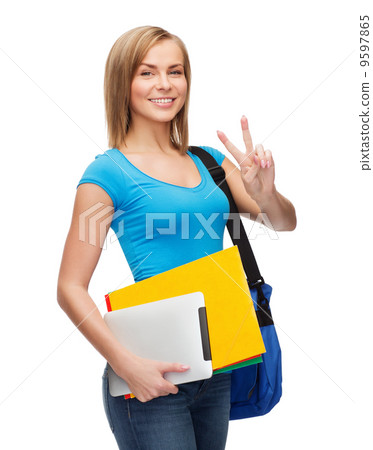female student with bag, tablet pc and folders 9597865