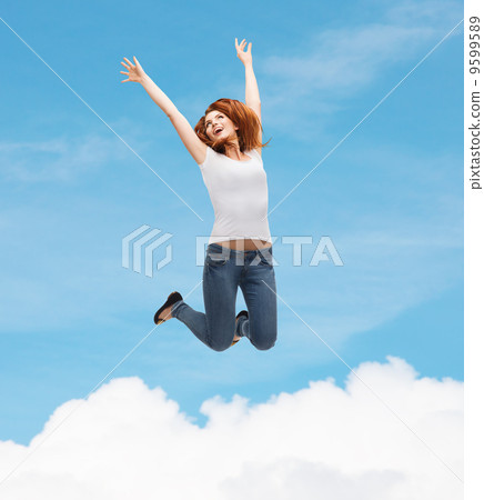 teenage girl in white blank t-shirt jumping teenage girl in white blank t-shirt jumping 9599589