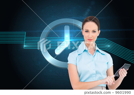 Composite image of serious classy businesswoman using calculator Composite image of serious classy businesswoman using calculator 9601990