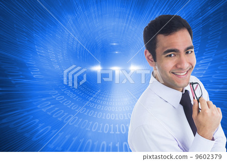 Composite image of smiling businessman holding glasses 9602379