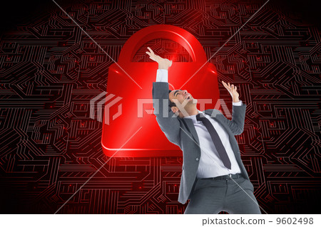 Composite image of stressed businessman with arms raised 9602498