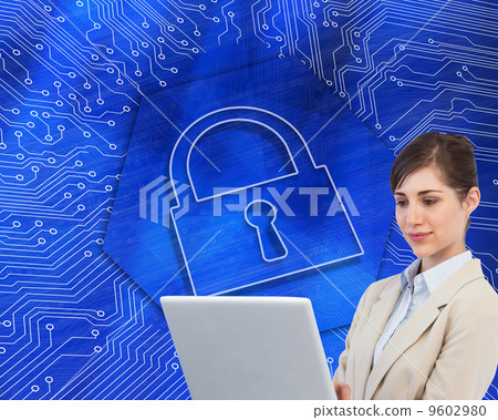 Composite image of confident businesswoman holding laptop 9602980