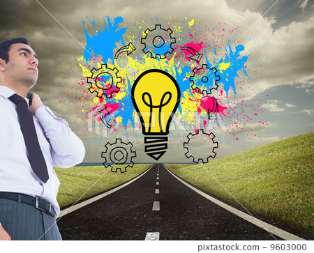 Composite image of unsmiling businessman standing 9603000