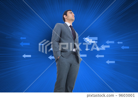 Composite image of unsmiling businessman standing 9603001