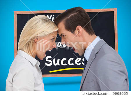 Composite image of colleagues quarreling head against head Composite image of colleagues quarreling head against head 9603065