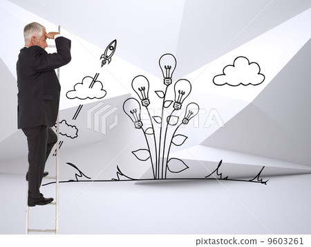 Composite image of mature businessman standing on ladder 9603261
