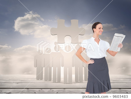 Composite image of cheerful stylish businesswoman holding newspa Composite image of cheerful stylish businesswoman holding newspa 9603483