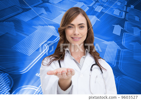 Composite image of portrait of female nurse holding out open pal Composite image of portrait of female nurse holding out open pal 9603527