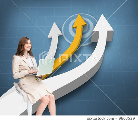 Composite image of smiling businesswoman sitting and using lapto Composite image of smiling businesswoman sitting and using lapto 9603529
