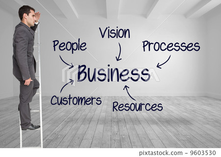 Composite image of stern businessman standing on ladder 9603530