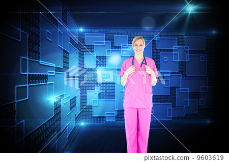 Composite image of confident young female surgeon holding a stet 9603619